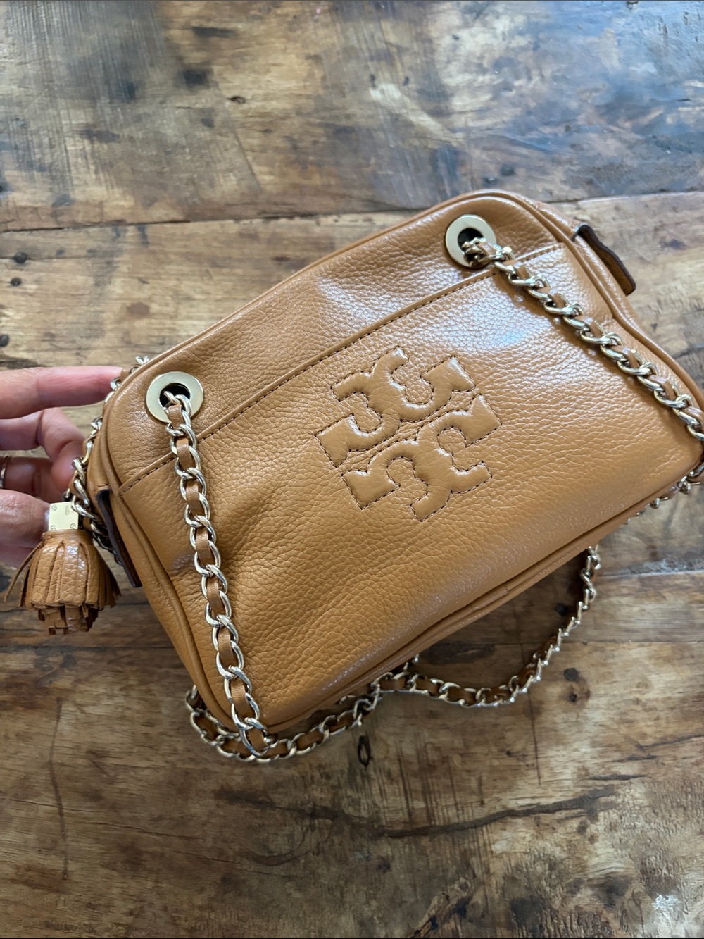 Tory Burch Cognac Pebbled Leather Chain Crossbody